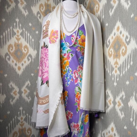 Ralph Lauren Collection Ivory Virgin Wool Embroidered Unita Fortior Floral Scarf - Picture 7 of 16